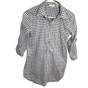 New York & Co Popover Tunic Top White Navy Geometric S